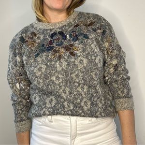 Vintage MarieaKim Gray Animal Print Sweater with Floral Metallic Embroidery